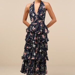 NWT Lulus Exceedingly Gorgeous Dark Navy Floral Tiered Halter Midi Dress Blue